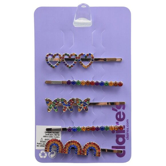 Claires Barrettes Set of 5 Heart Butterfly Rainbow Jewels Mutli Colors - Picture 1 of 5